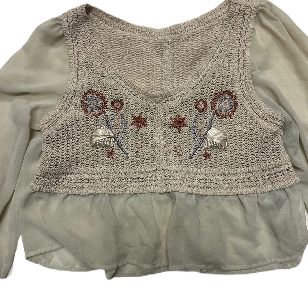 Crochet Embroidered Top Womens M Cream Boho Beachy Cover Up Retro Festival - Picture 3 of 6